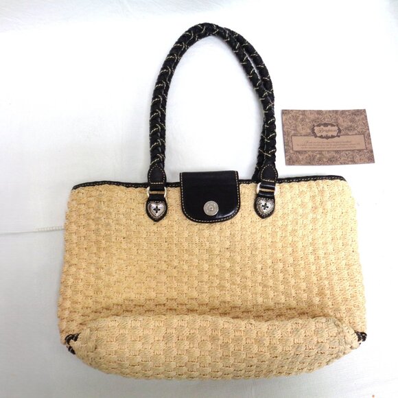 Brighton Straw and Black Leather Braided Handles Shoulder Bag Purse - Picture 9 of 12